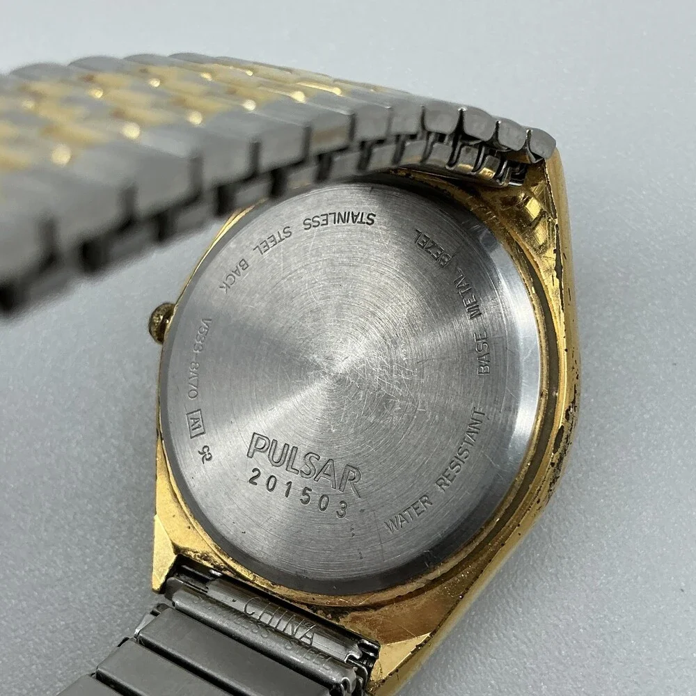 Vintage Pulsar Mens Watch 34mm V533-8A70 Two Tone Day Date Stretch New Battery